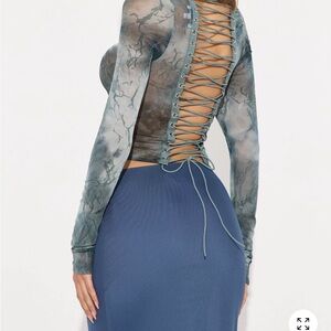 Fashion Nova Blue and Gray Lace-Up Long Sleeve Top